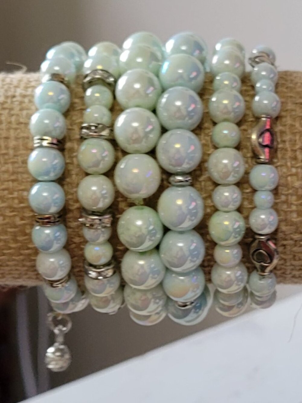 The Palest of Pale Pearlized Green Mix and Match Bracelets. Price is for the set